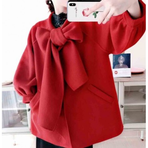 L537 Custom Made to order Wool Blend Tie Neck Bow Basic Jacket Coat Regular Size XS S M L XL & Plus size 1x-10x (SZ16-52)